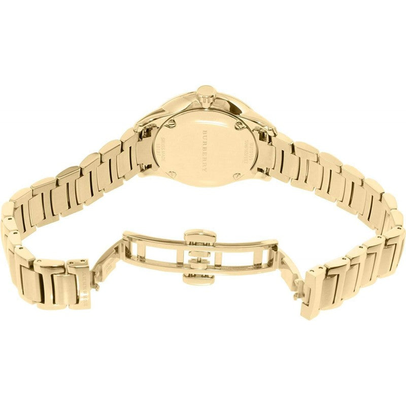 Caseback view of Burberry The Classic gold watch showing bracelet and clasp