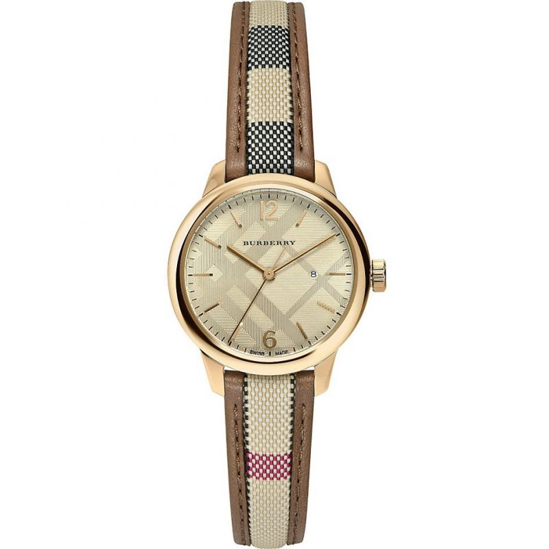 Burberry Classic women's watch with champagne dial, rose gold case, and brown check leather strap
