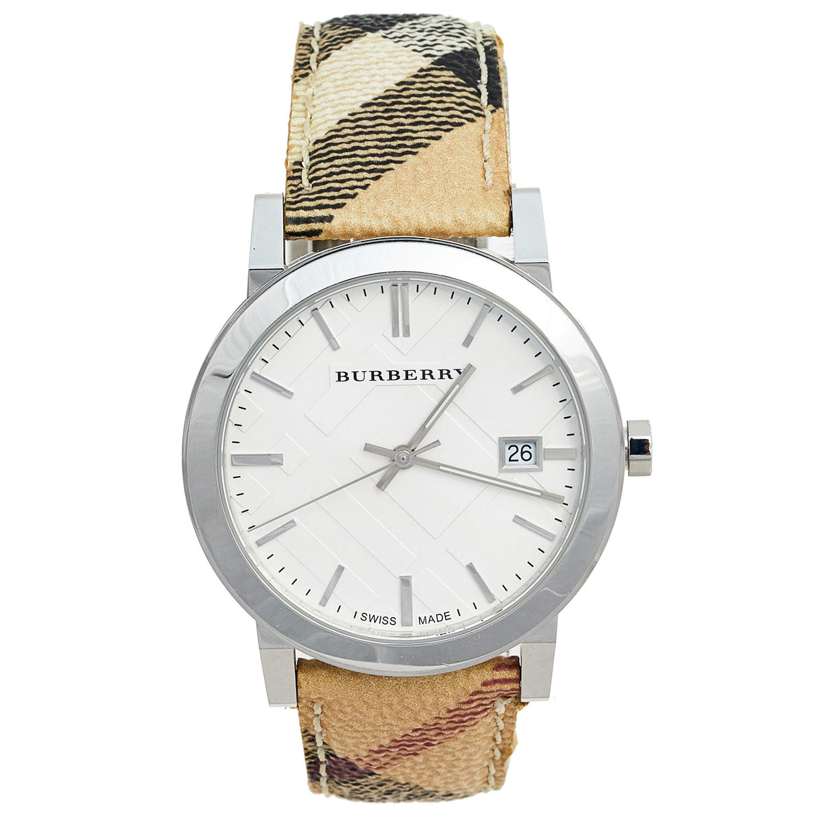 Burberry Haymarket Check ladies watch with Haymarket Check PVC strap, white dial and date window