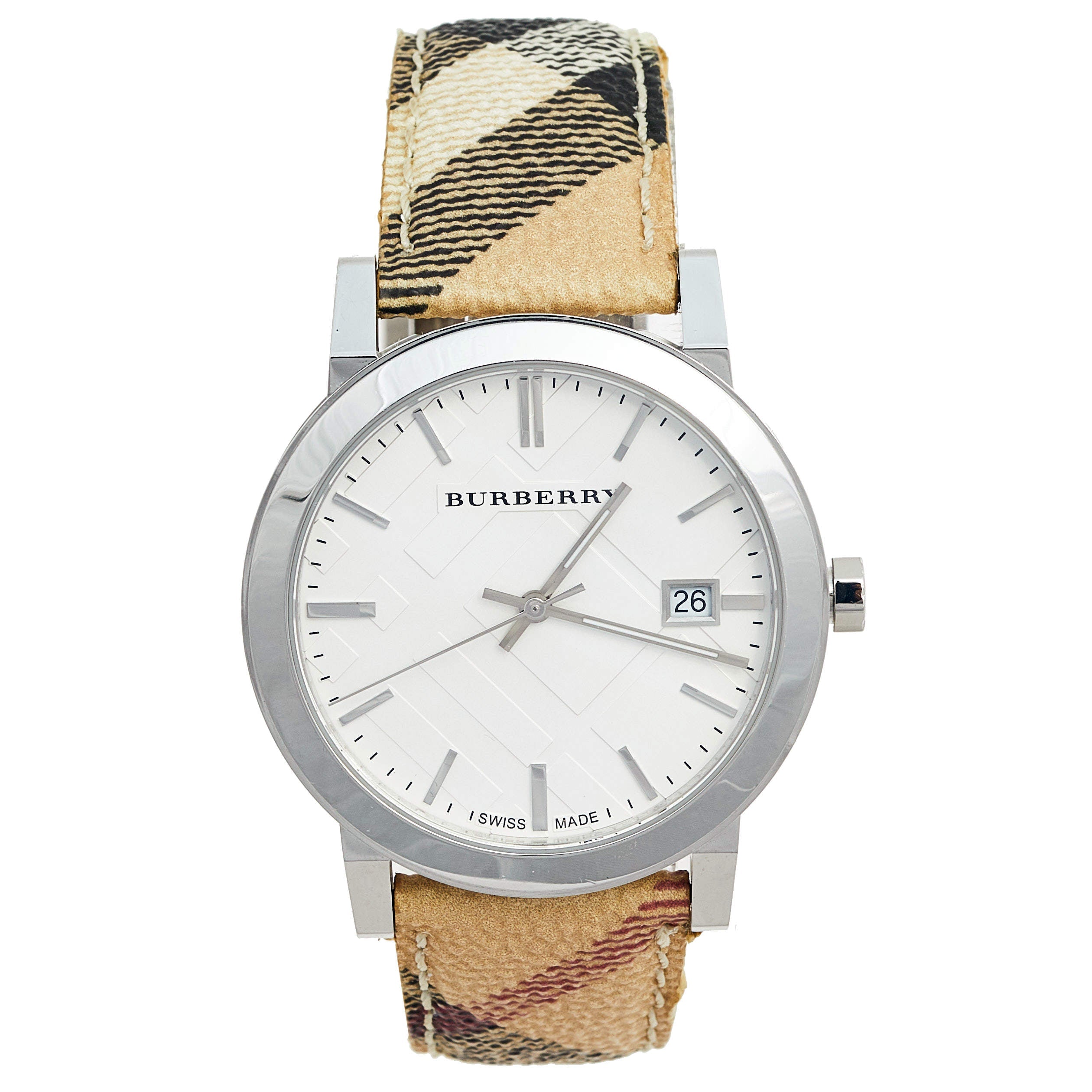 Burberry Haymarket Check ladies watch with Haymarket Check PVC strap, white dial and date window