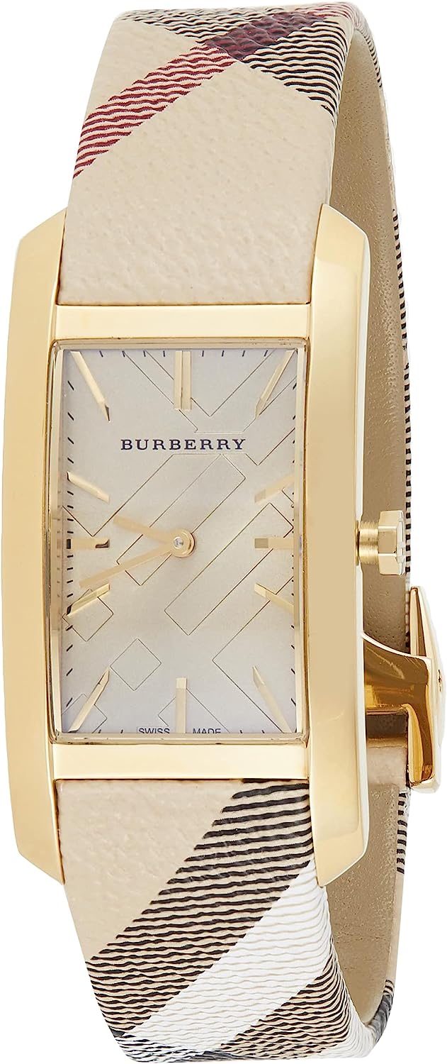 Burberry Pioneer women's watch with gold dial and beige check-pattern fabric strap