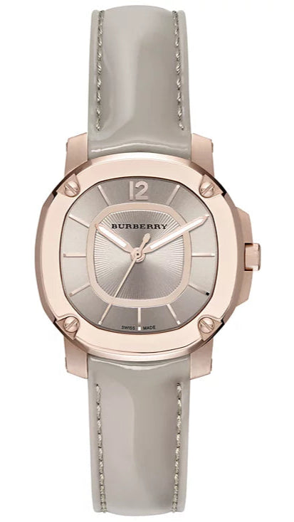Burberry The Britain rose gold watch with storm grey dial and grey leather strap