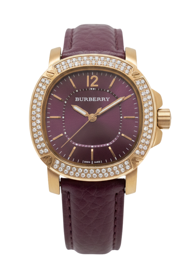 Burberry The Britain rose gold watch with burgundy dial and diamond bezel