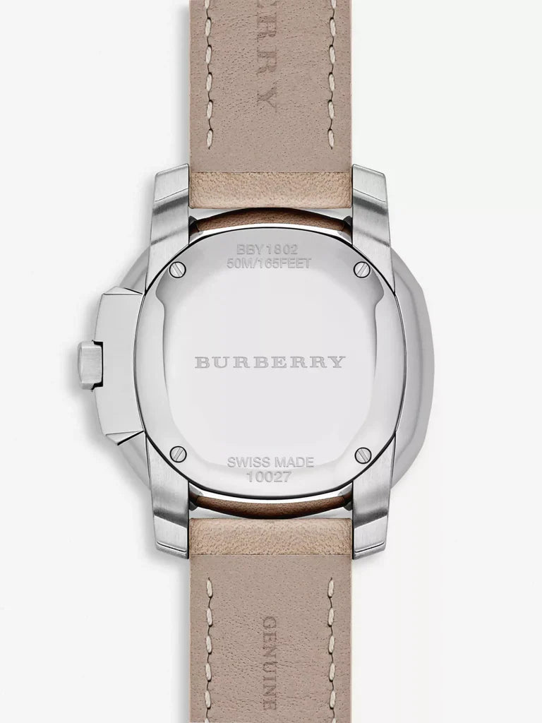 Burberry The Britain Diamonds caseback showing Swiss made movement with leather strap