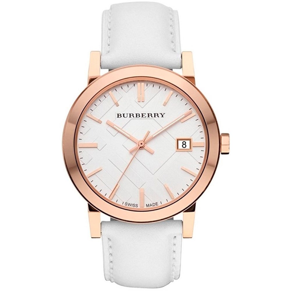 Burberry The City Large Check Strap White Dial Rose Gold Case Leather Unisex Watch BU9012