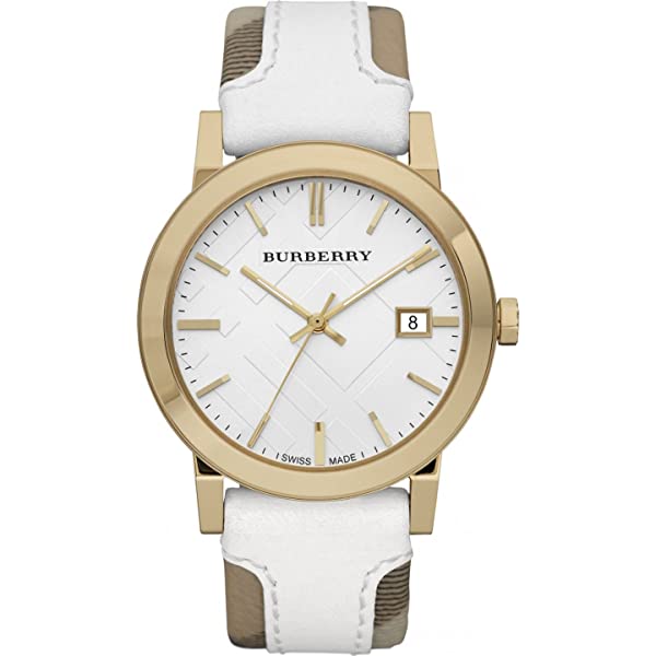 Burberry The City women's watch with white dial, gold-tone case, and white leather band