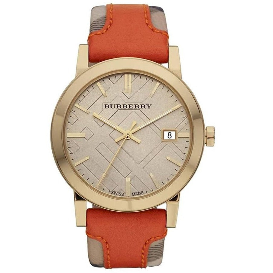 Burberry The City women's watch with gold-tone case, beige dial with check pattern, and orange leather strap
