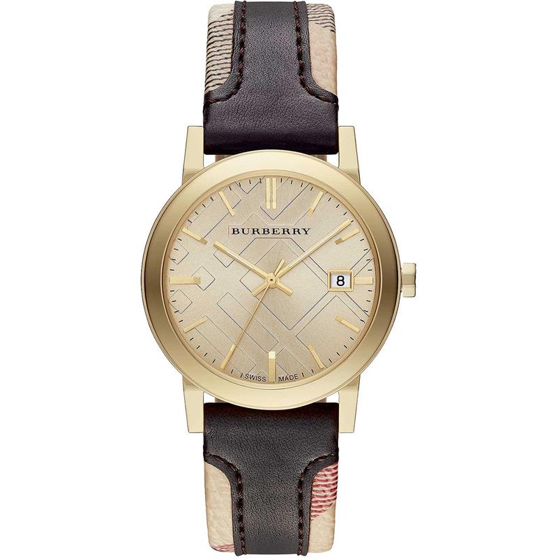 Burberry The City gold-tone watch with champagne dial, Burberry check pattern, and black leather strap