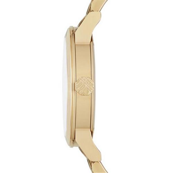 Side view of Burberry The City watch showing gold-tone case and black leather strap