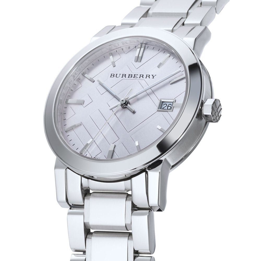 Burberry The City BU9035 watch at angle showing silver dial with check pattern and stainless steel strap