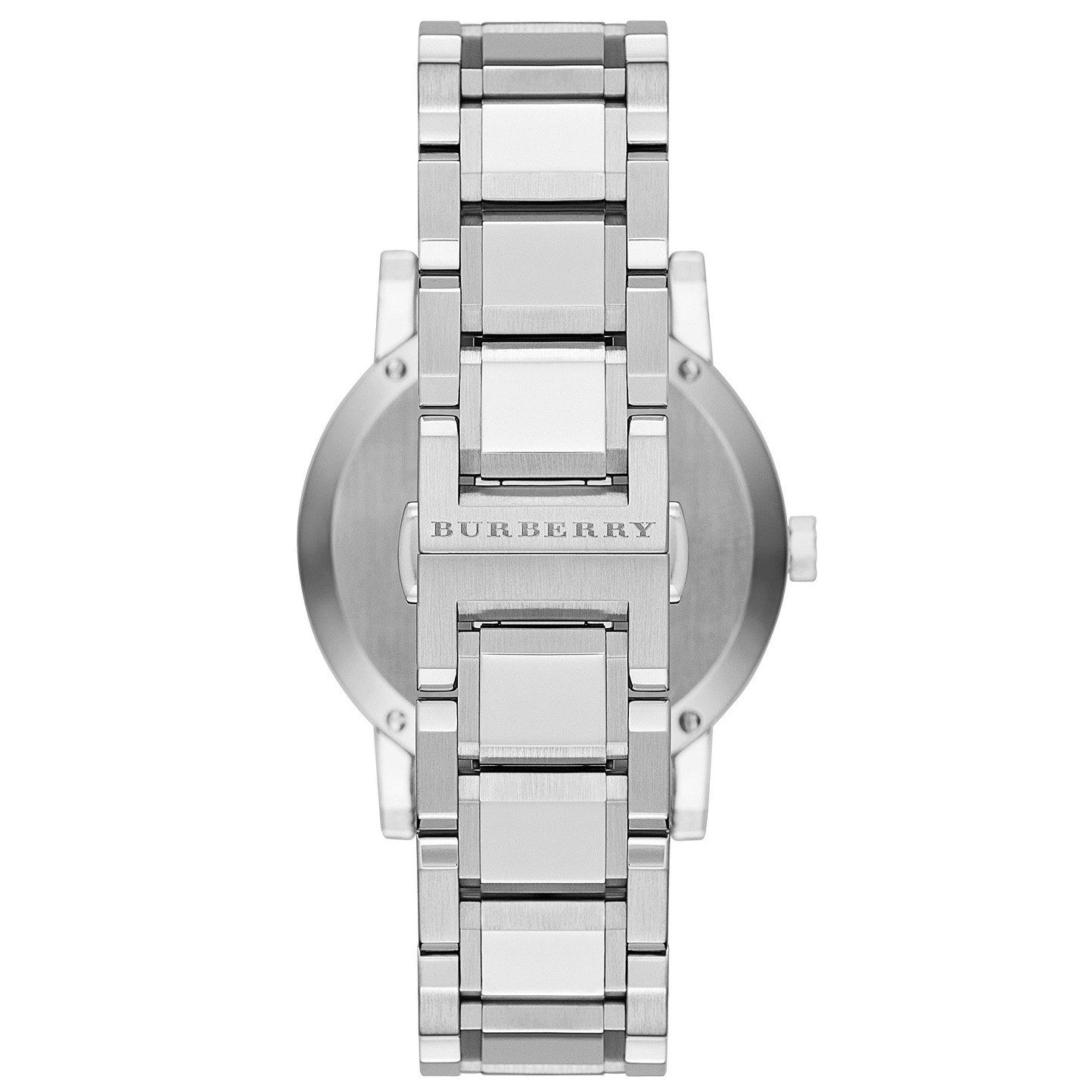 Burberry The City BU9035 watch caseback view showing stainless steel bracelet construction