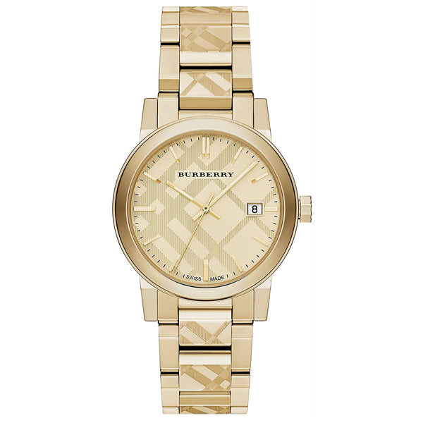 Burberry The City gold tone men's watch with checked dial and engraved bracelet