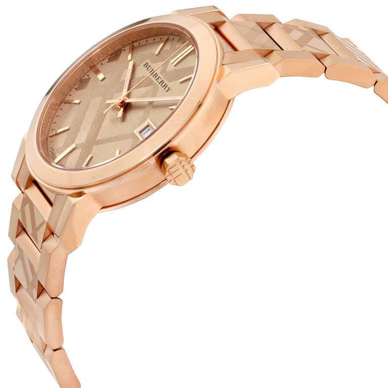 Burberry The City rose gold watch angled side view showing case and bracelet