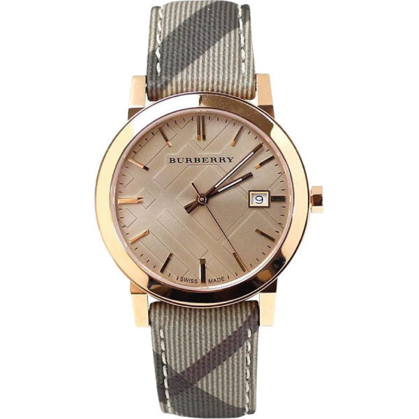 Burberry The City rose gold women's watch with beige dial, date window, and patterned fabric strap