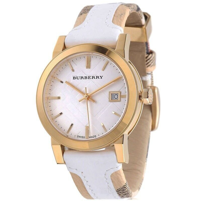 Burberry The City women's watch with gold-tone case, white dial, and white check leather strap