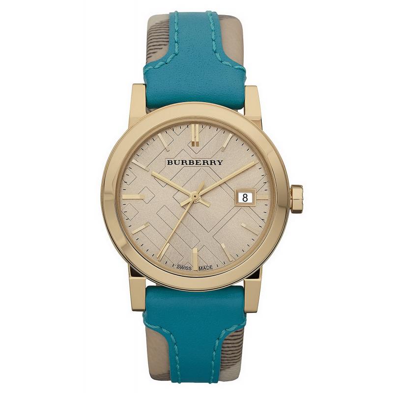 Burberry The City women's watch with white Haymarket check dial and turquoise leather strap