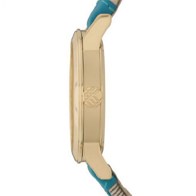 Side view of Burberry The City watch showing gold-tone case profile and turquoise strap