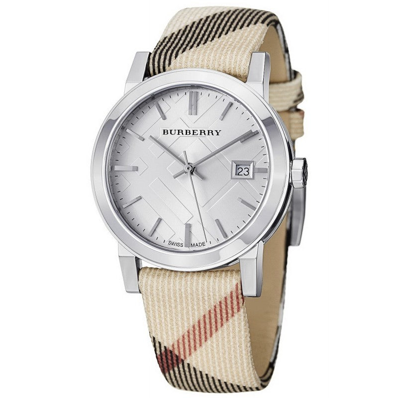 Burberry The City women's watch with white Nova Check dial, steel case, and beige Nova Check fabric strap