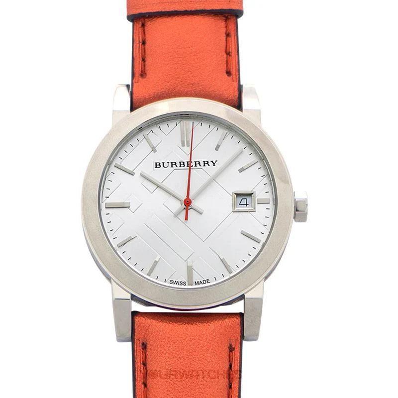Burberry The City watch front view with white sunburst dial and date window