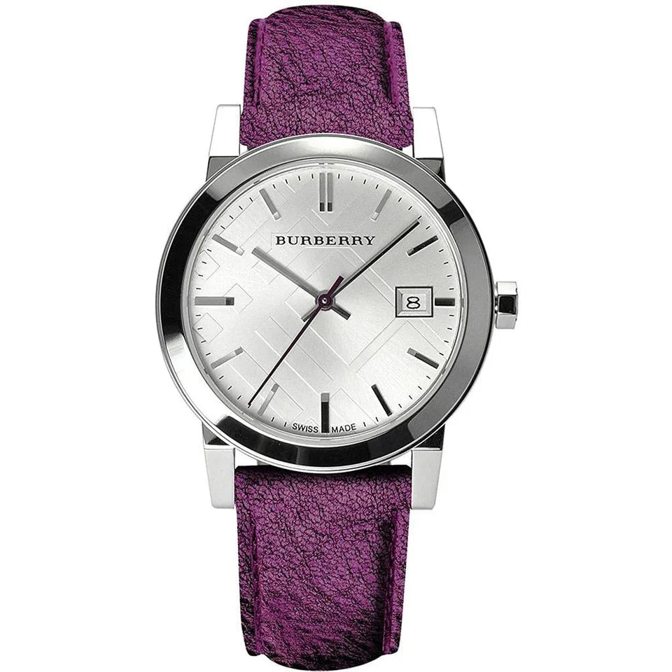 BURBERRY The City BU9122 watch angled view showcasing silver case and purple leather strap
