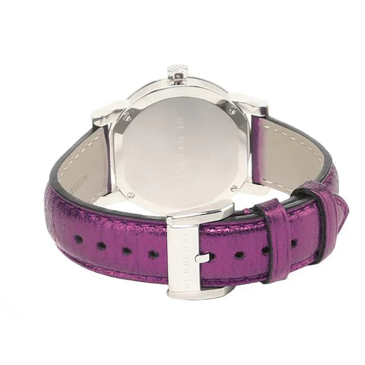 BURBERRY The City BU9122 watch caseback showing stainless steel case and purple leather strap