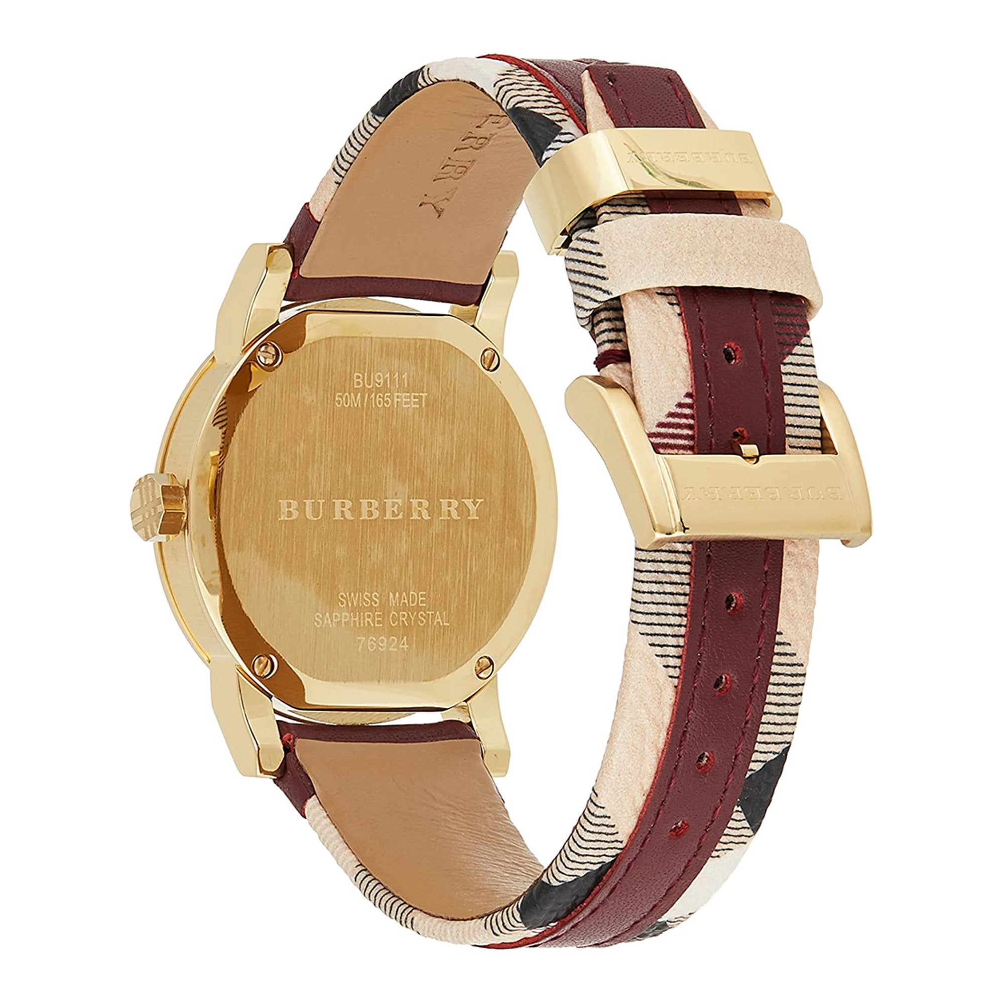 Burberry The City watch strap showing tan leather and burgundy fabric trim with gold-tone buckle