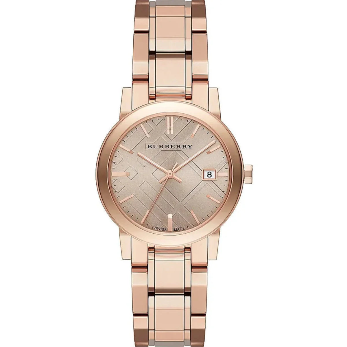 Burberry The City BU9135 women's watch angled view showing rose gold case and bracelet