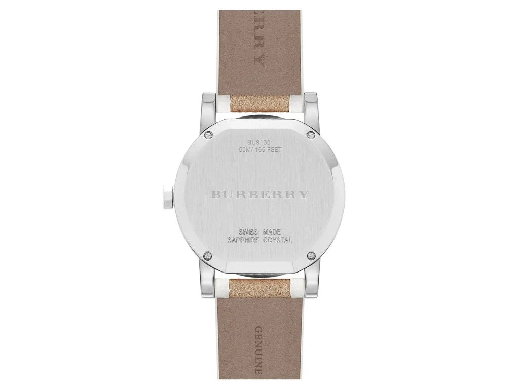 Burberry The City brown leather strap detail with Burberry text and stainless steel hardware