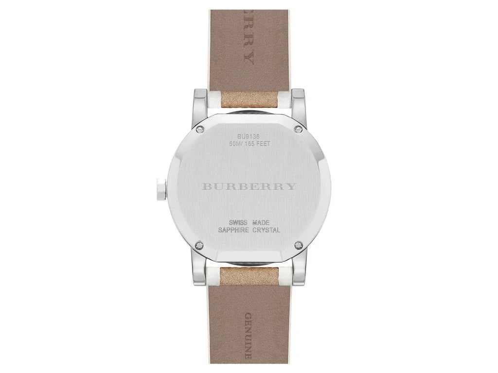 Burberry The City brown leather strap detail with Burberry text and stainless steel hardware