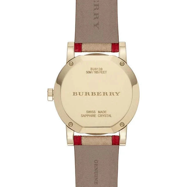 Burberry The City watch caseback showing BU9139 model, 50M water resistance, and sapphire crystal