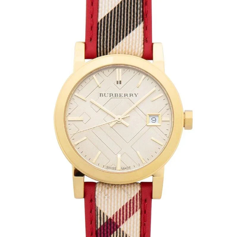Burberry The City champagne dial with check pattern, date window, and gold-tone hands