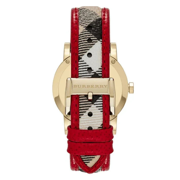 Burberry The City watch red check leather strap with gold-tone buckle and clasp