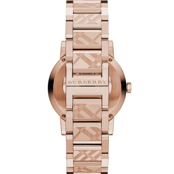 Back view of Burberry The City rose gold women's watch with check pattern bracelet