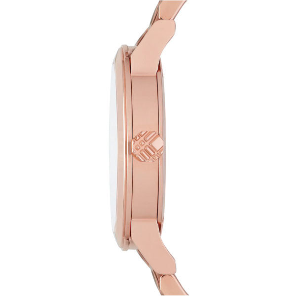Side view of Burberry The City rose gold women's watch showing case and strap