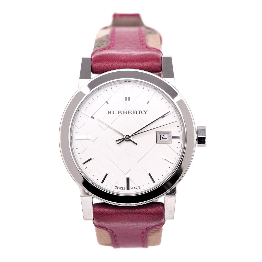Burberry The City watch at angle showing white dial and pink Haymarket leather strap