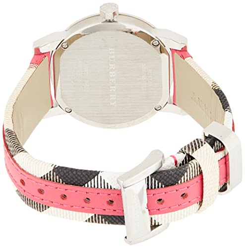 Burberry The City watch caseback displaying pink leather strap with stripe detail
