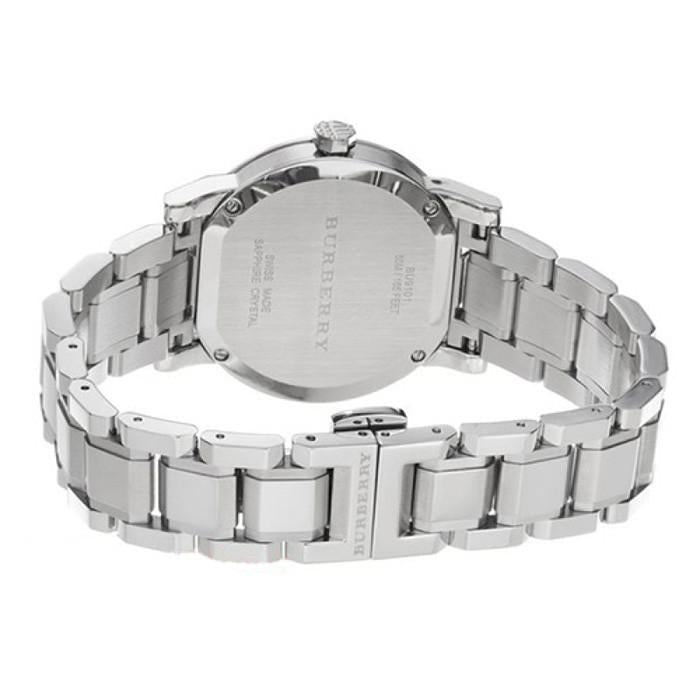 Caseback view of Burberry The City watch with stainless steel back and embossed Burberry engraving