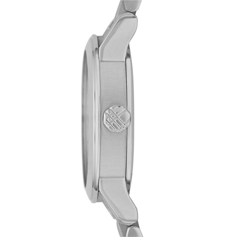 Side profile of Burberry The City watch showing silver-tone stainless steel case and bracelet