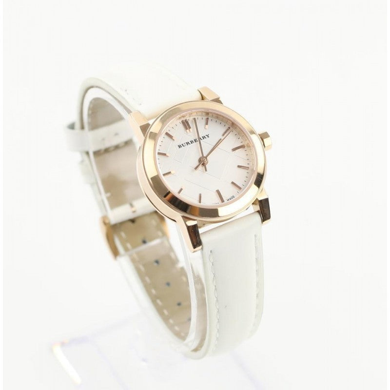 Burberry The City watch on-wrist view showing rose gold case and white leather strap