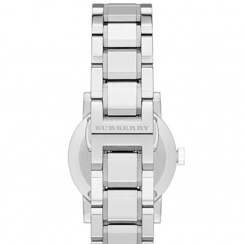 Back view of Burberry The City women's watch with stainless steel bracelet