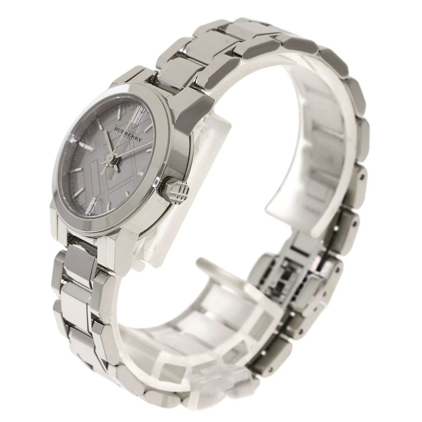 Burberry The City BU9229 watch side view showing silver stainless steel bracelet and case