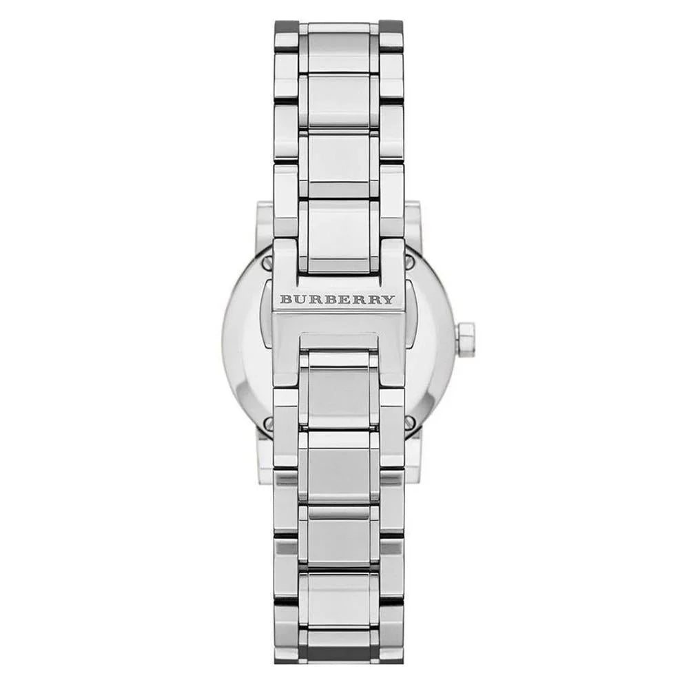Burberry The City BU9229 watch caseback showing stainless steel back with engraved details
