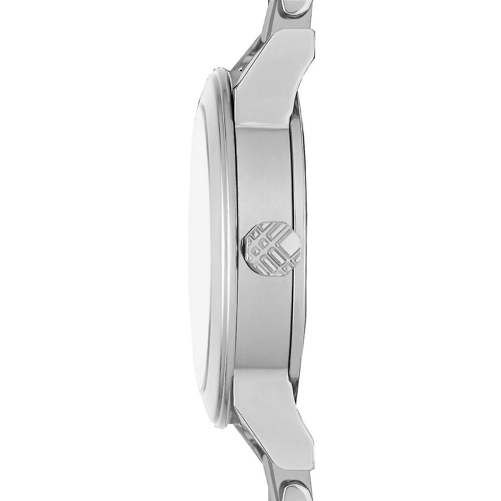 Burberry The City women's watch side profile showing silver stainless steel case and strap