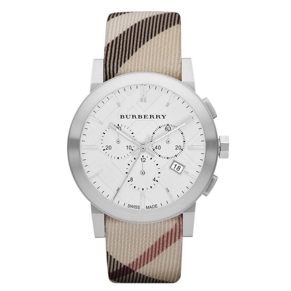 Burberry The City watch with white chronograph dial and Nova Check patterned leather strap
