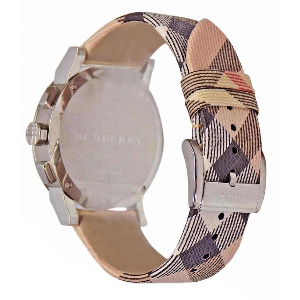 Side profile of Burberry The City watch with chronograph subdials visible on dial