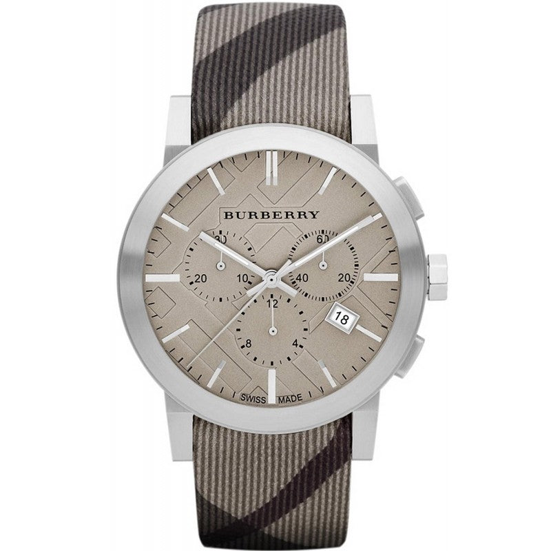 Burberry The City men's chronograph watch with taupe dial and brown checkered leather strap