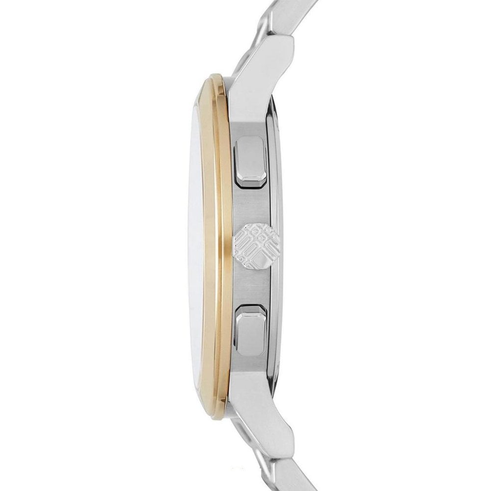 Side profile of Burberry The City two-tone chronograph showing rose gold bezel and silver steel bracelet
