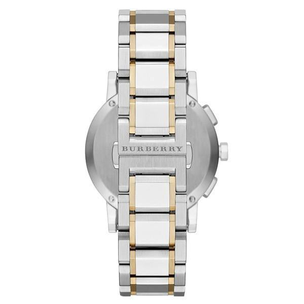 Caseback view of Burberry The City two-tone chronograph with engraved stainless steel case