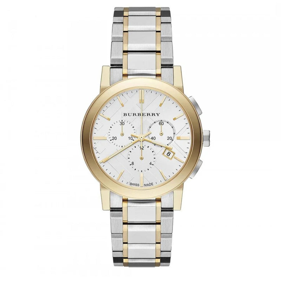 Burberry The City two-tone chronograph watch with silver dial and mixed metal steel and rose gold bracelet