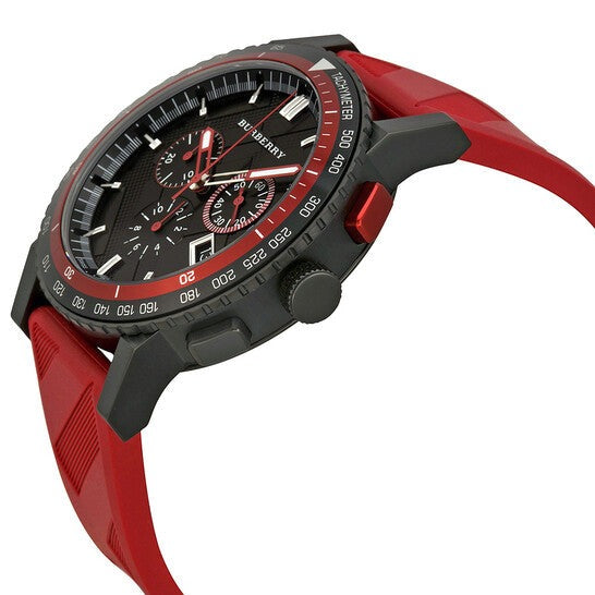 Burberry The City watch at side angle showing black case, red bezel, and red rubber strap